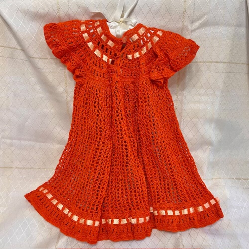 VTG Baby Girl Crochet Dress, Vintage Crochet Infant Dress Orange Baby Clothes - Picture 6 of 9